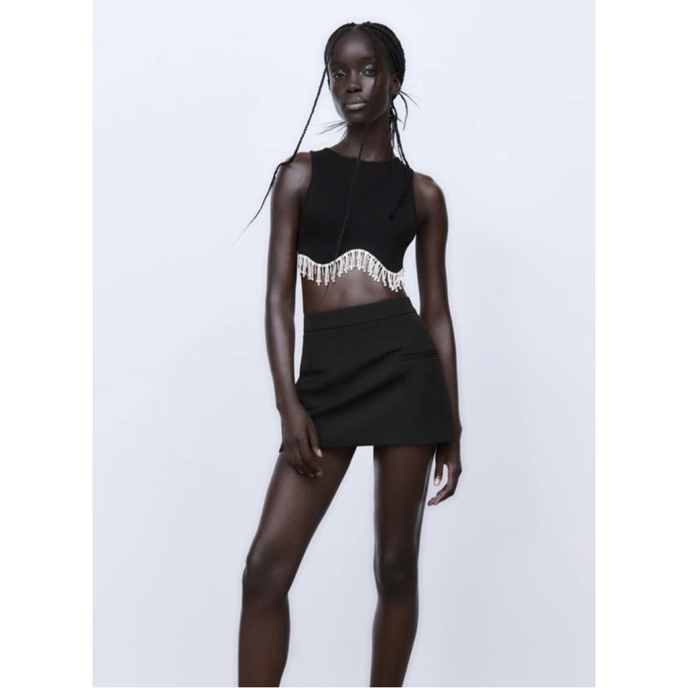 Black Beaded Fringe Crop Top - Women's Chic Party Top